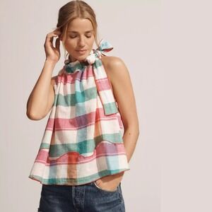 MAEVE by Anthropologie Linen Tie Neck Halter Top Plaid Cotton Blouse Size M